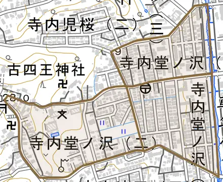 寺内堂ノ沢とその周辺の地図。町の範囲を重ねている