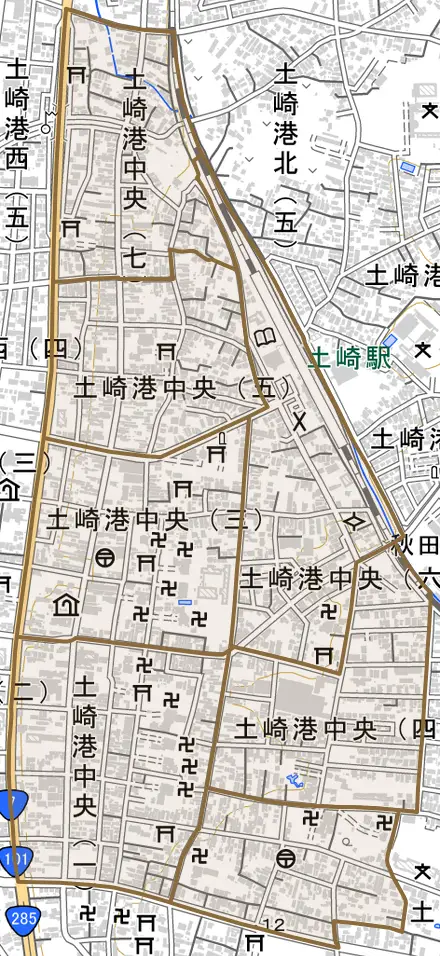 土崎港中央とその周辺の地図。町の範囲を重ねている