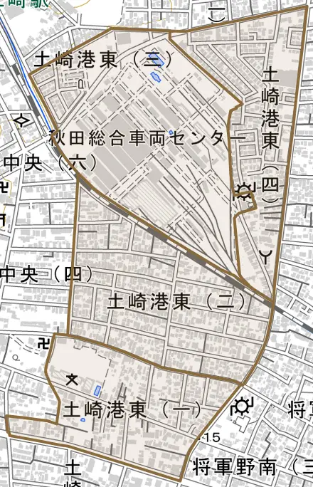 土崎港東とその周辺の地図。町の範囲を重ねている