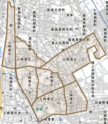 土崎港北とその周辺の地図。町の範囲を重ねている