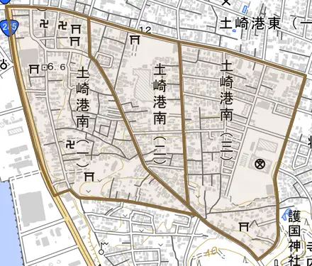 土崎港南とその周辺の地図。町の範囲を重ねている