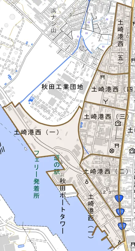 土崎港西とその周辺の地図。町の範囲を重ねている