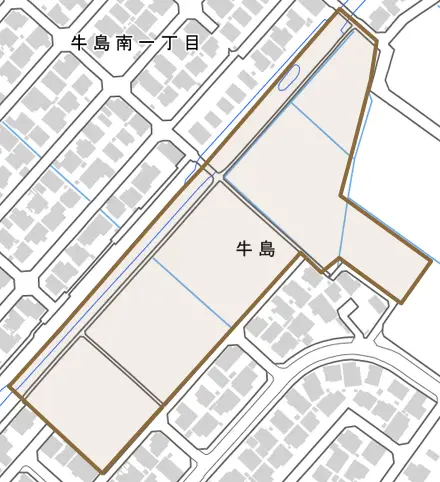 牛島とその周辺の地図。町の範囲を重ねている