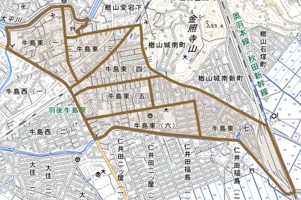牛島東とその周辺の地図。町の範囲を重ねている