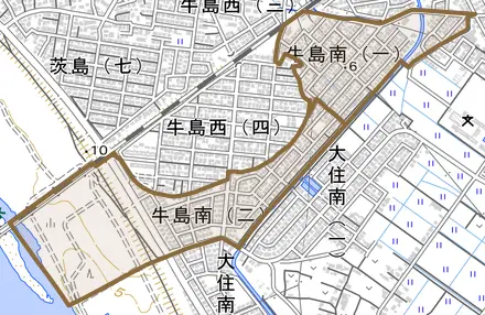 牛島南とその周辺の地図。町の範囲を重ねている