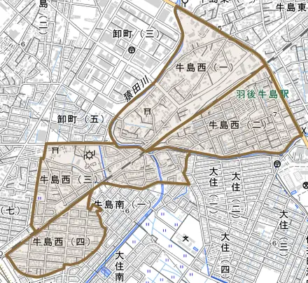 牛島西とその周辺の地図。町の範囲を重ねている