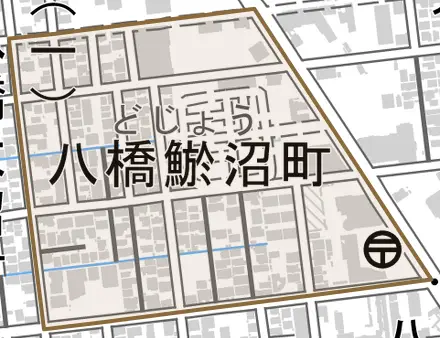八橋鯲沼町とその周辺の地図。町の範囲を重ねている