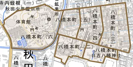 八橋本町とその周辺の地図。町の範囲を重ねている