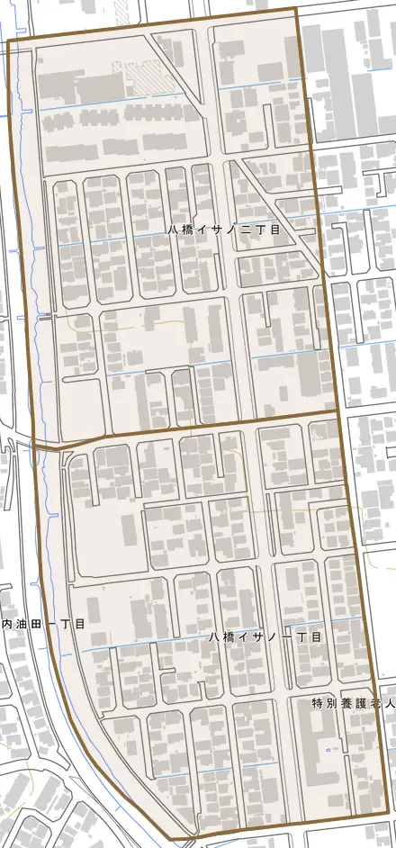 八橋イサノとその周辺の地図。町の範囲を重ねている