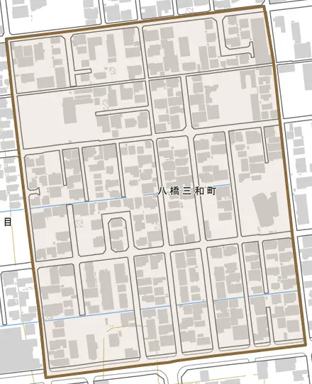 八橋三和町とその周辺の地図。町の範囲を重ねている