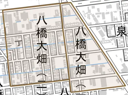 八橋大畑とその周辺の地図。町の範囲を重ねている