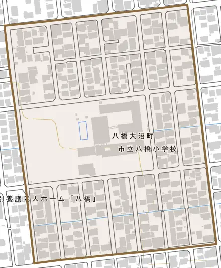 八橋大沼町とその周辺の地図。町の範囲を重ねている