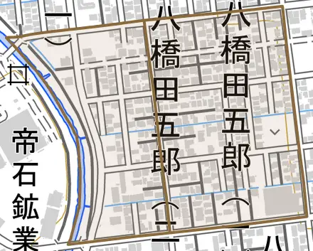 八橋田五郎とその周辺の地図。町の範囲を重ねている