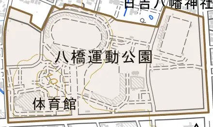 八橋運動公園とその周辺の地図。町の範囲を重ねている