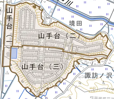 山手台とその周辺の地図。町の範囲を重ねている