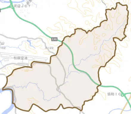 雄和平尾鳥とその周辺の地図。町の範囲を重ねている