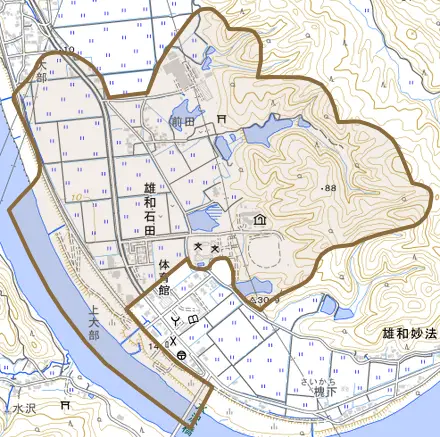 雄和石田とその周辺の地図。町の範囲を重ねている