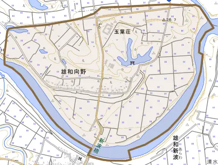 雄和向野とその周辺の地図。町の範囲を重ねている