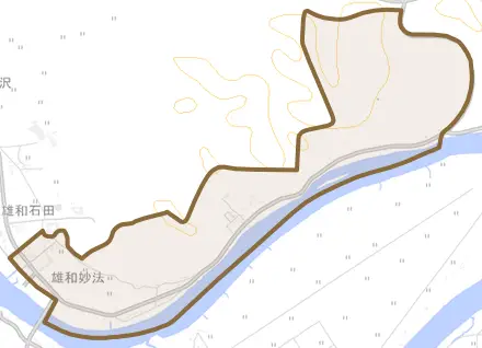 雄和妙法とその周辺の地図。町の範囲を重ねている