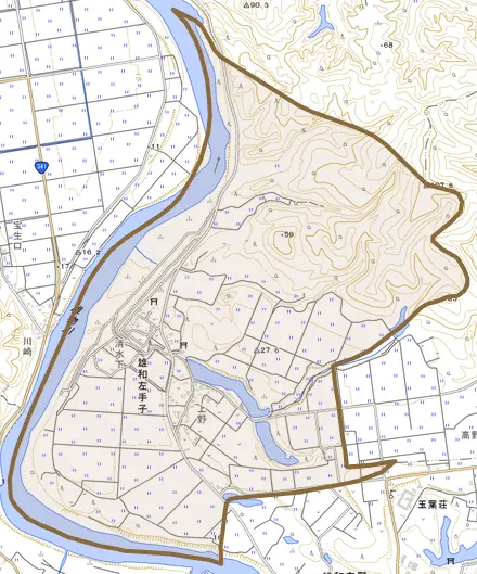雄和左手子とその周辺の地図。町の範囲を重ねている