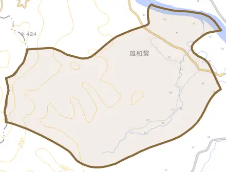 雄和繋とその周辺の地図。町の範囲を重ねている