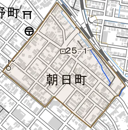 朝日町とその周辺の地図。町の範囲を重ねている