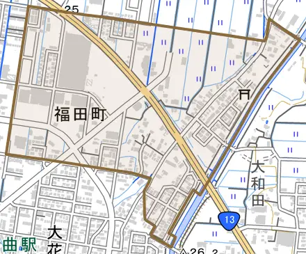 福田町とその周辺の地図。町の範囲を重ねている