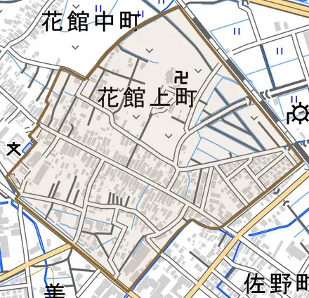 花館上町とその周辺の地図。町の範囲を重ねている