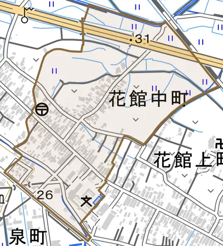 花館中町とその周辺の地図。町の範囲を重ねている