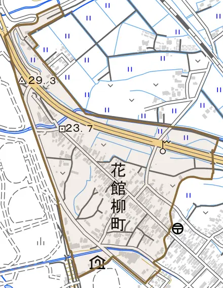 花館柳町とその周辺の地図。町の範囲を重ねている