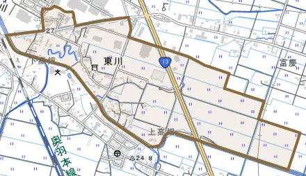 東川とその周辺の地図。町の範囲を重ねている