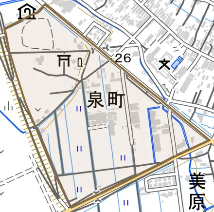 泉町とその周辺の地図。町の範囲を重ねている