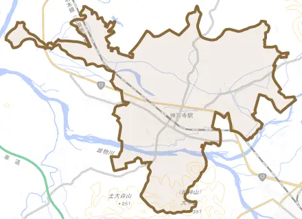 神宮寺とその周辺の地図。町の範囲を重ねている