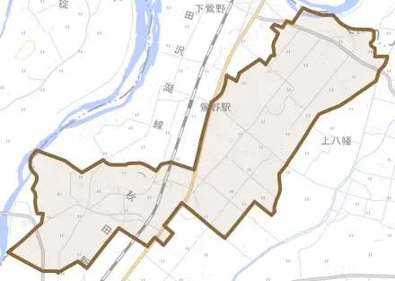 上鴬野とその周辺の地図。町の範囲を重ねている