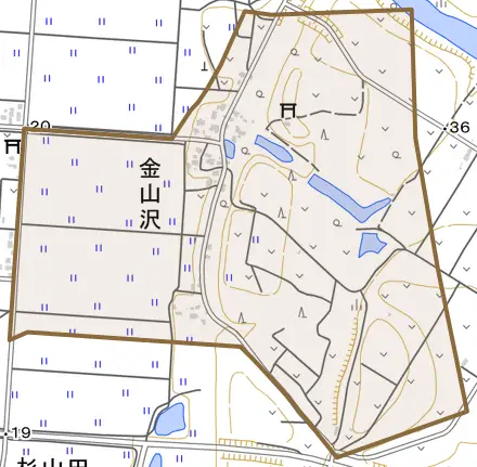 金山沢とその周辺の地図。町の範囲を重ねている