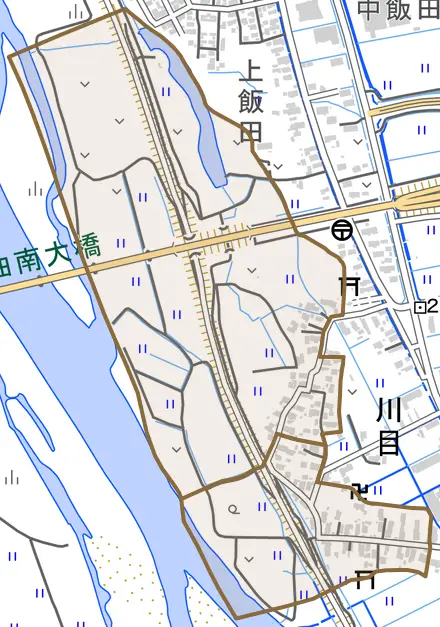川目とその周辺の地図。町の範囲を重ねている
