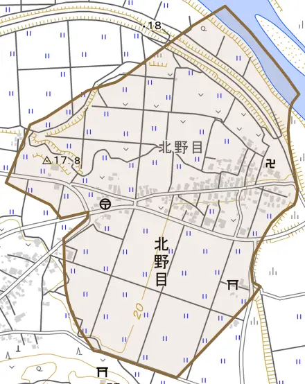 北野目とその周辺の地図。町の範囲を重ねている