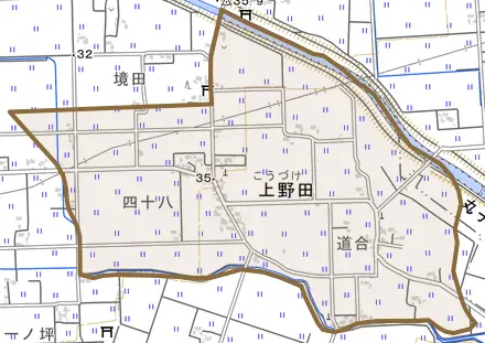 上野田とその周辺の地図。町の範囲を重ねている