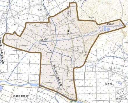 栗沢とその周辺の地図。町の範囲を重ねている