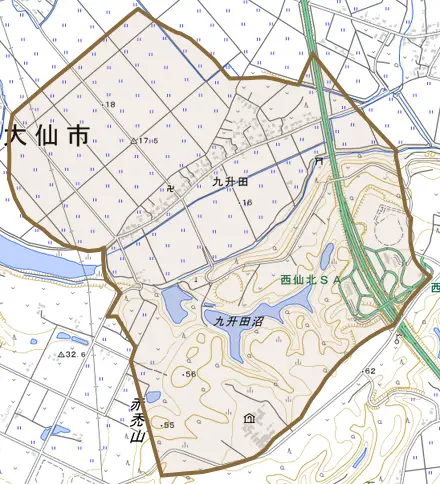 九升田とその周辺の地図。町の範囲を重ねている