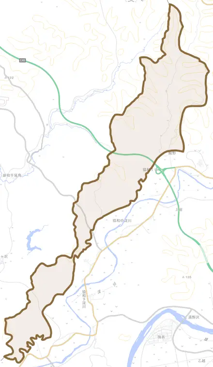 協和中淀川とその周辺の地図。町の範囲を重ねている