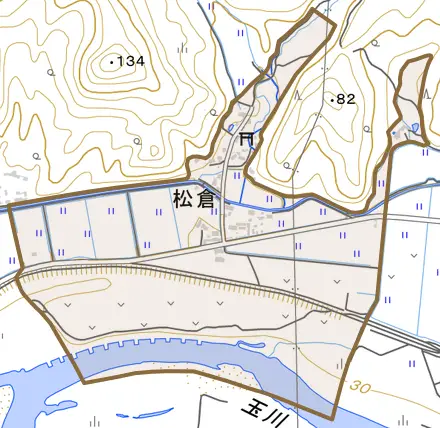 松倉とその周辺の地図。町の範囲を重ねている