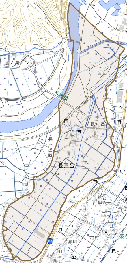 長戸呂とその周辺の地図。町の範囲を重ねている