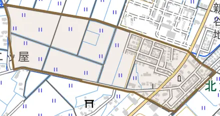 新谷地とその周辺の地図。町の範囲を重ねている