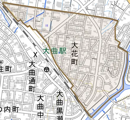 大花町とその周辺の地図。町の範囲を重ねている