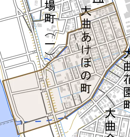 大曲あけぼの町とその周辺の地図。町の範囲を重ねている
