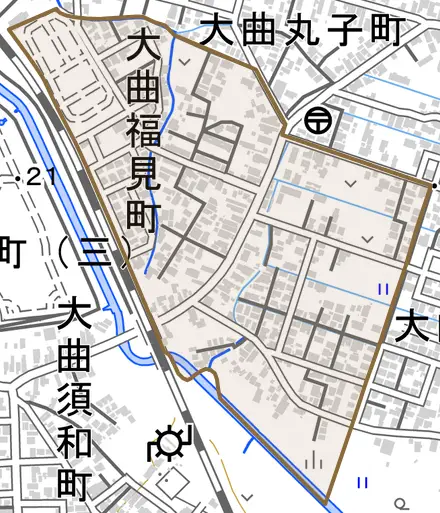 大曲福見町とその周辺の地図。町の範囲を重ねている