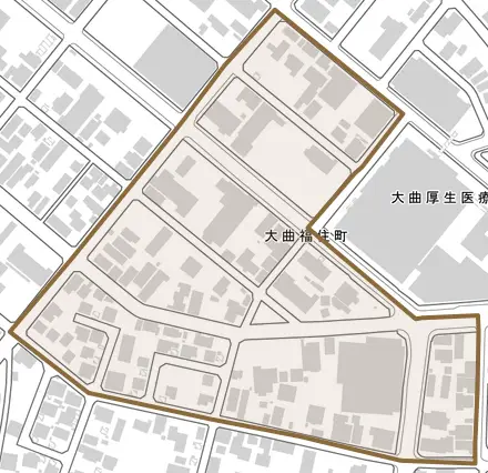 大曲福住町とその周辺の地図。町の範囲を重ねている