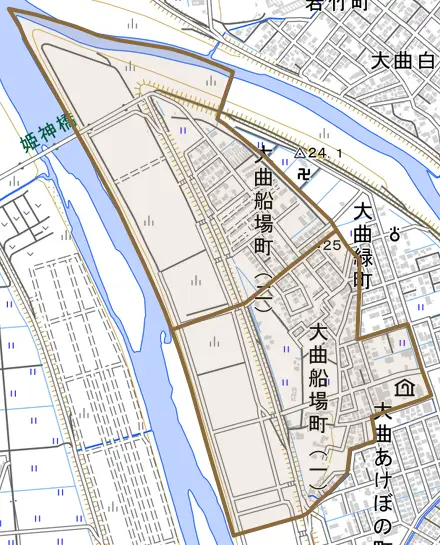 大曲船場町とその周辺の地図。町の範囲を重ねている