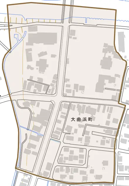 大曲浜町とその周辺の地図。町の範囲を重ねている